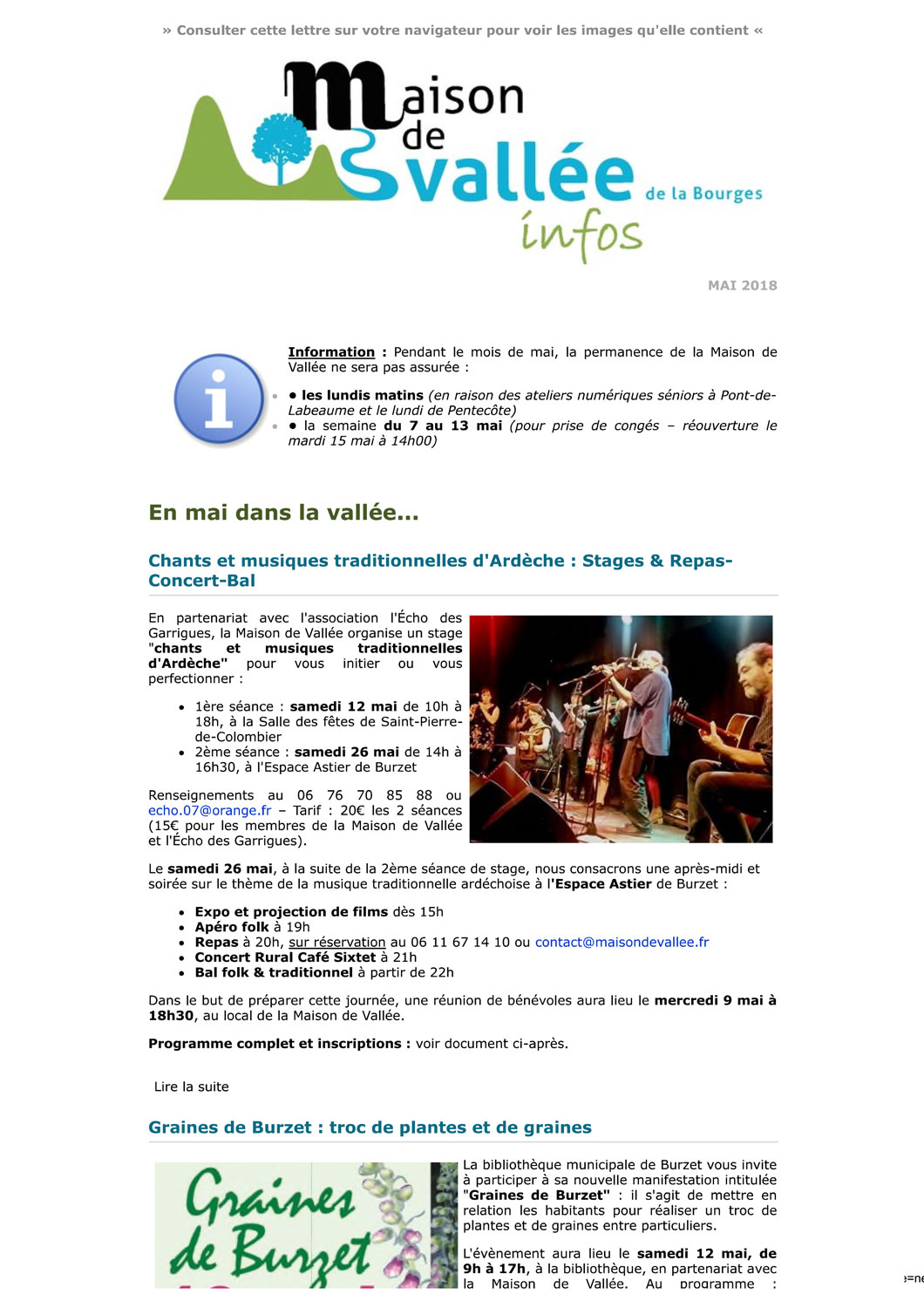 Lettre dinfos Maison de Vallée mai 2018 Maison de Vallée 1
