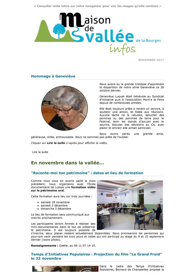 Lettre dinfos Maison de Vallée novembre 2017 Maison de Vallée 1