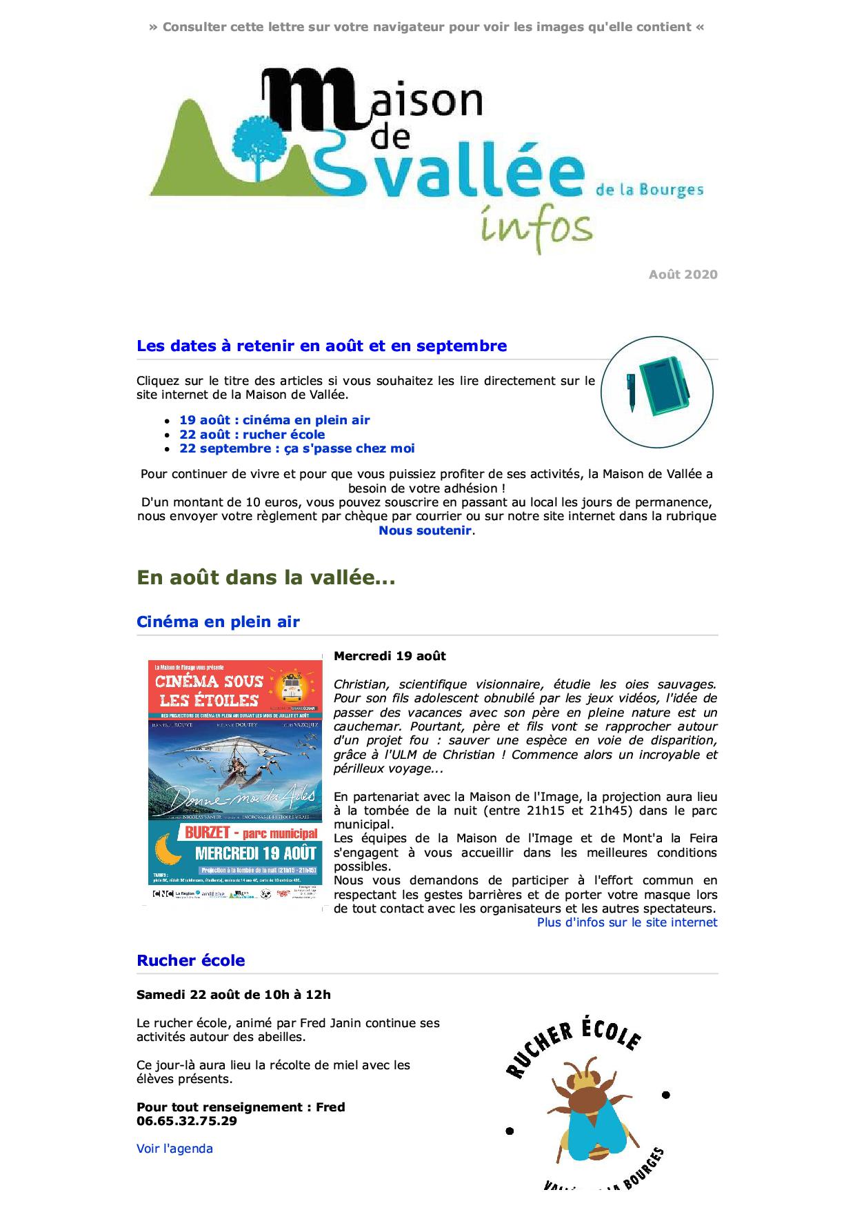 Lettre d infos Maison de Vallée Août 2020 Maison de Vallée