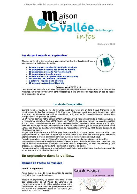 Lettre d infos Maison de Vallée Septembre 2020 Maison de Vallée