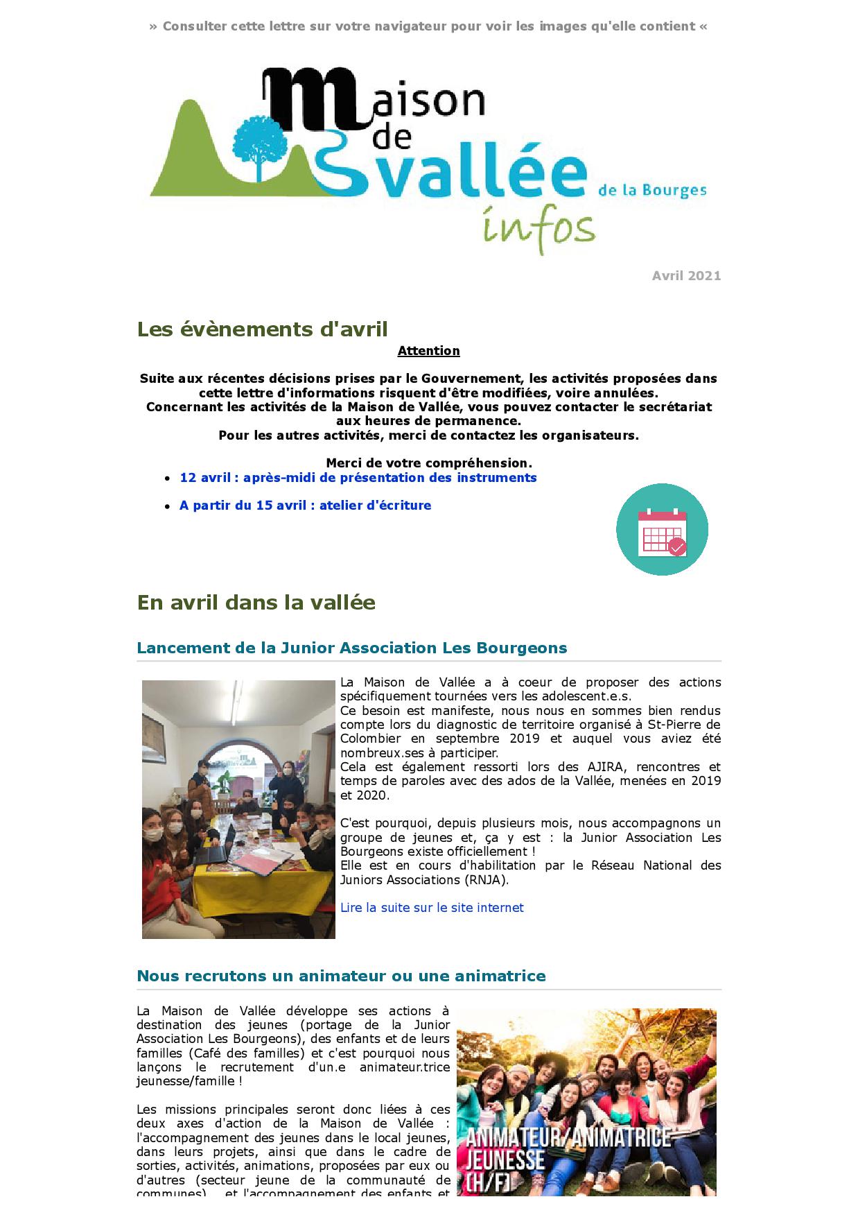 Lettre dinfos Maison de Vallée Avril 20211